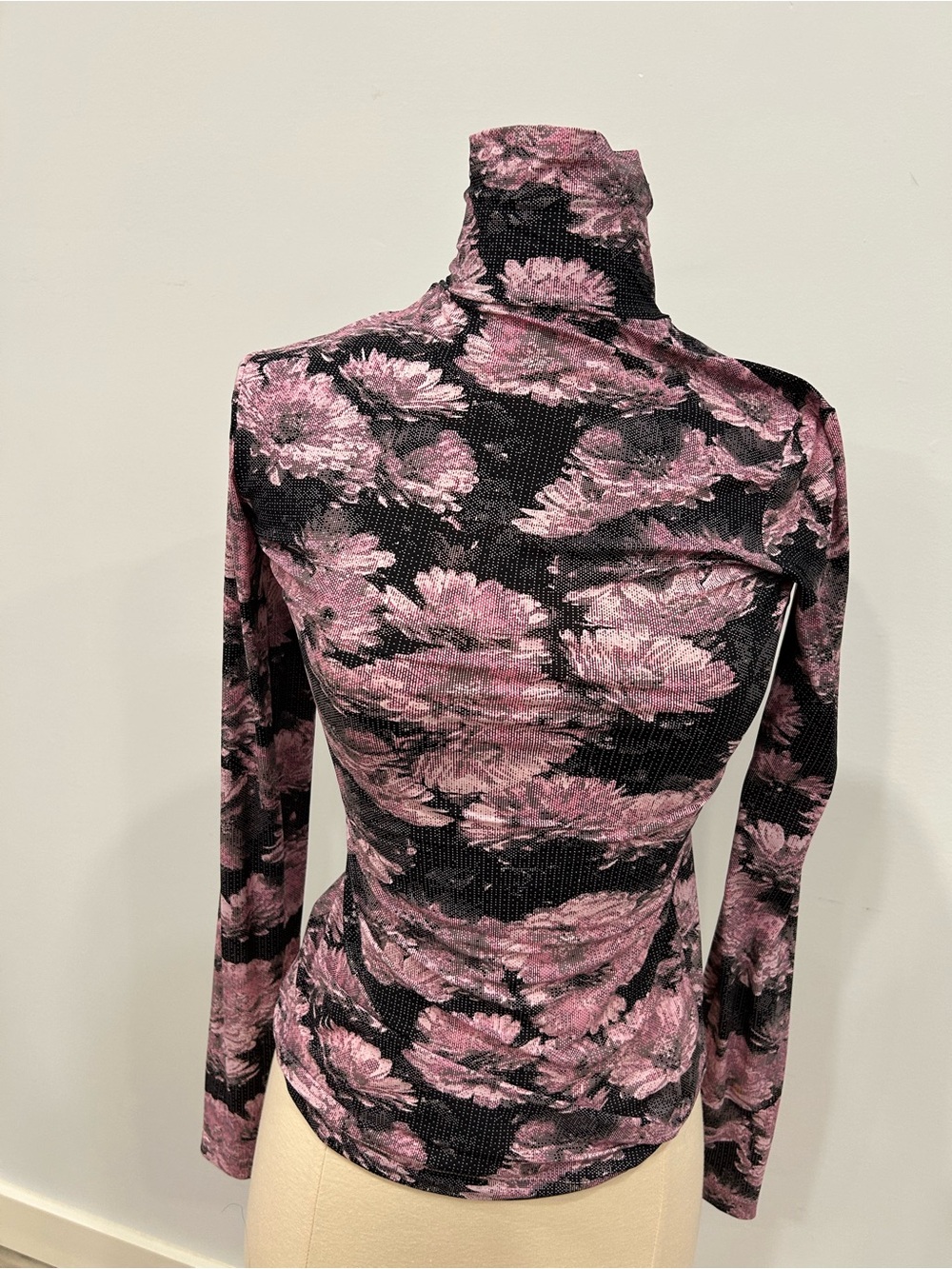Tory Burch Black Mock Neck Long Sleeve Top with Pink Floral Print